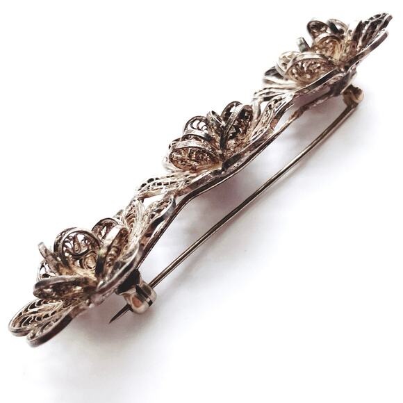 VTG Mid Century Brooch Silver Filigree Layered Floral Scrollwork Pin - Picture 6 of 10
